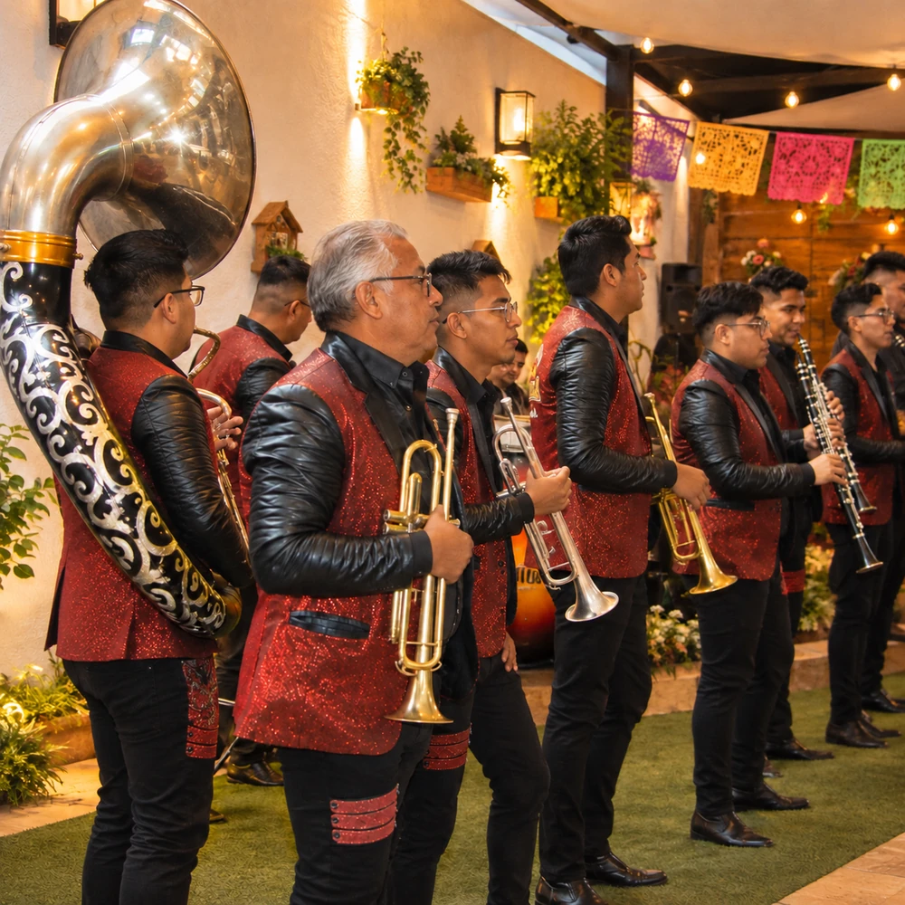 Banda sinaloense con instrumentos de viento interpretando música regional mexicana en vivo