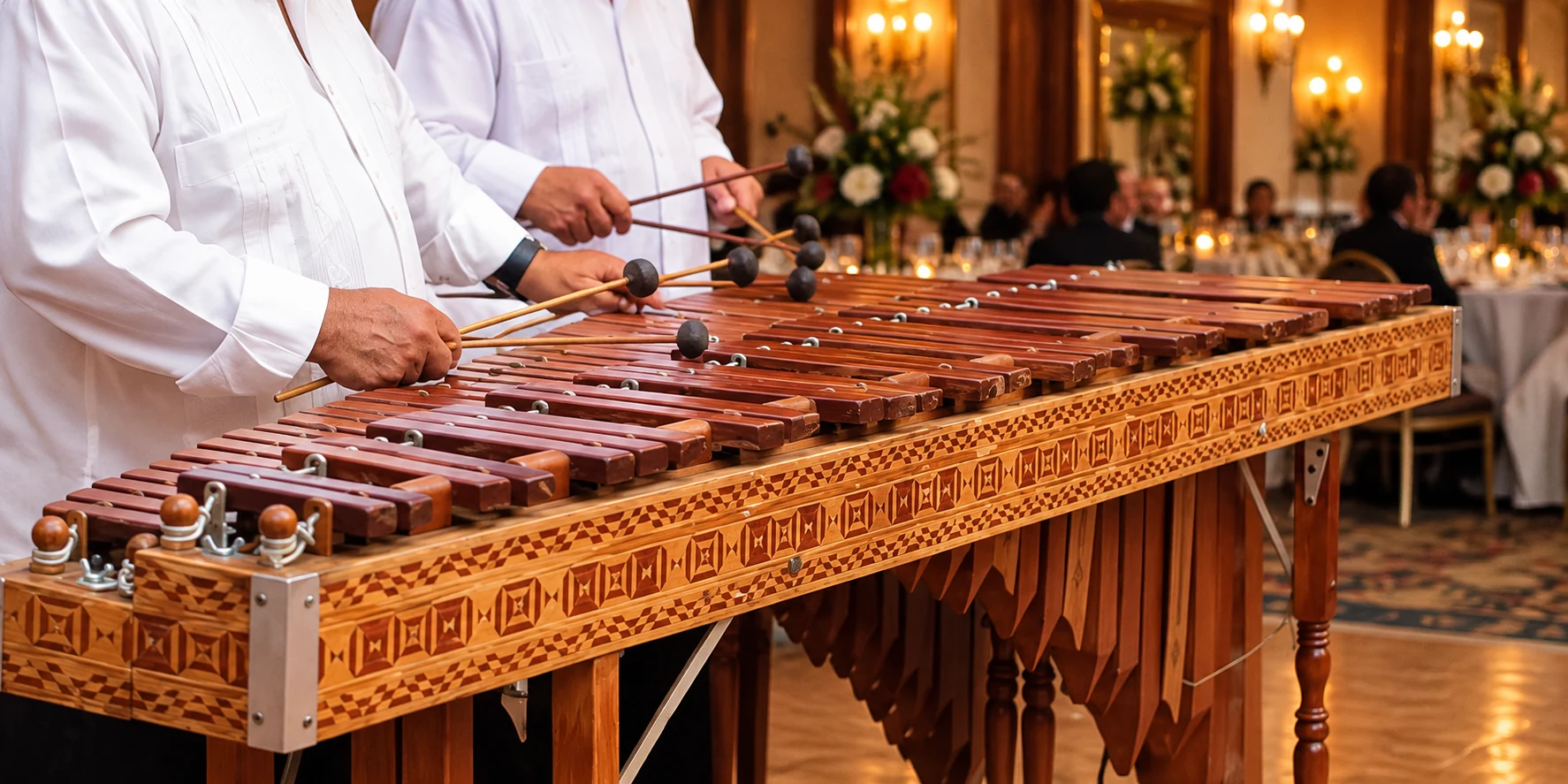 Detalle de manos de músicos interpretando una marimba