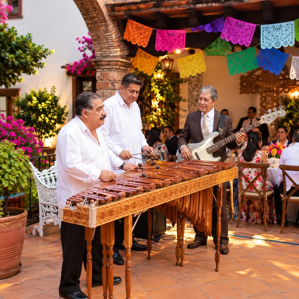 Grupo de marimba en una celebración con invitados