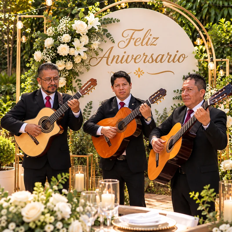 Trío musical interpretando boleros en una celebración de aniversario con flores
